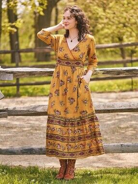 April Cornell Mustard Floral Cotton Maxi Dress M